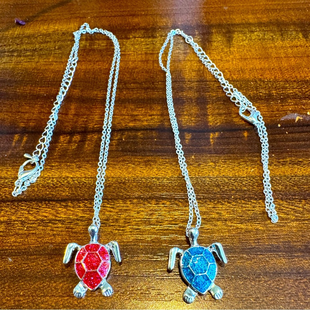 Turtle Necklace Silvertone in Red or Blue. NWOT